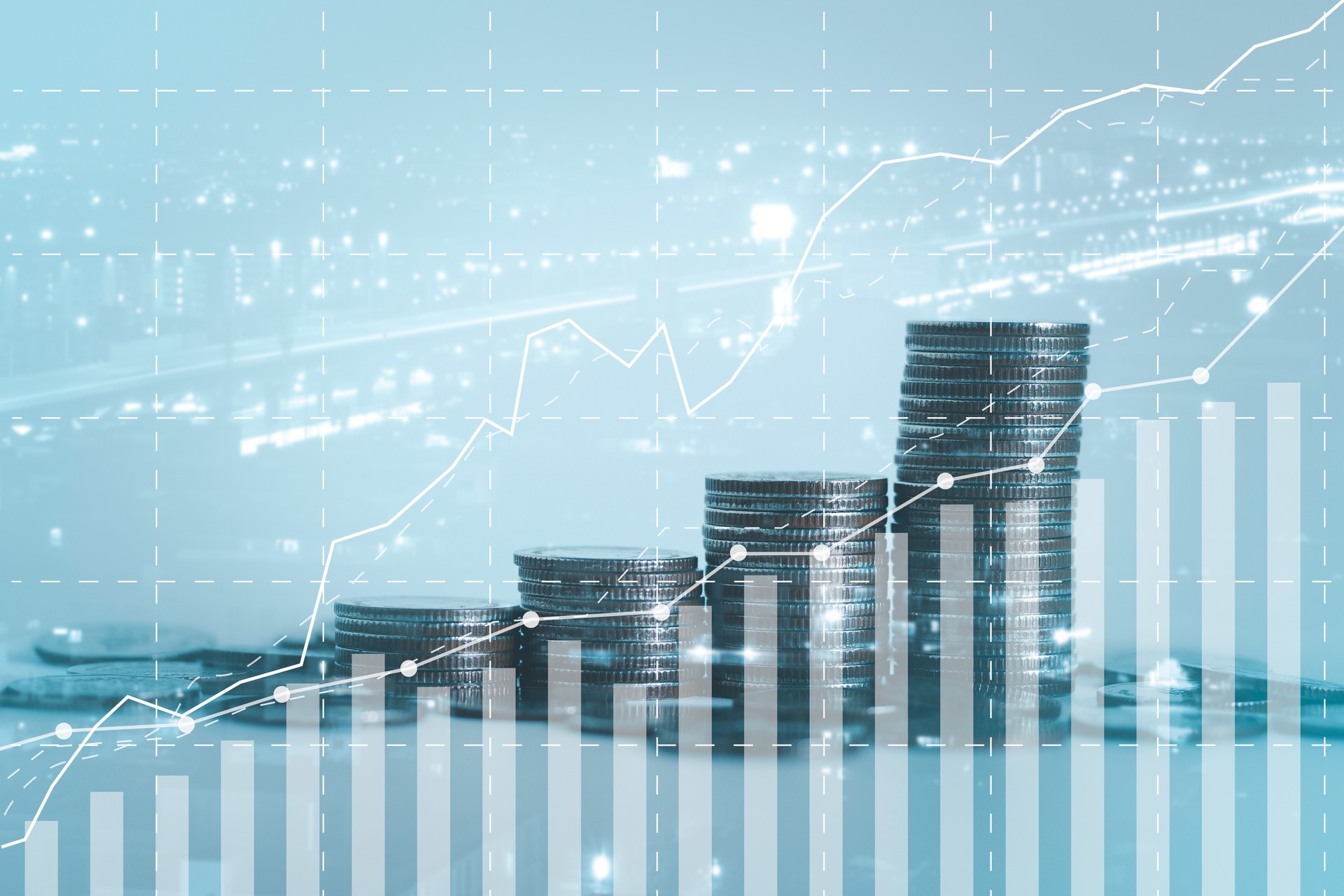 Double exposure of graph of rows coin with statistical chart concept idea for economy, growth, money, business, finance, investment, bank, market, fund, saving, deposit and trade analysis for success.